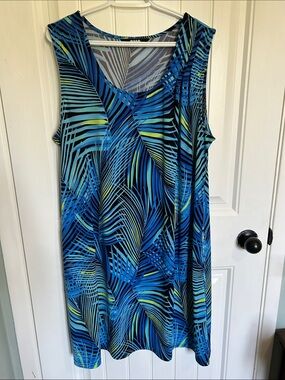 Alia Blue, Aqua and Lime Tropical-Print Sleeveless Swim Coverup